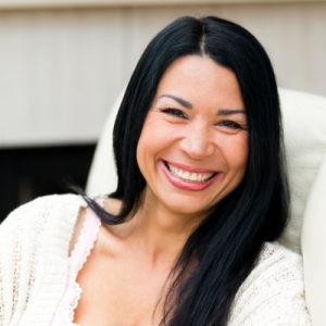 happy woman in her 40s